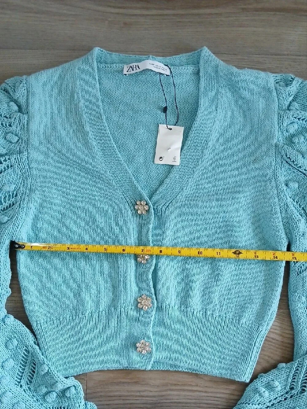 Zara Blue Jewel Button Cardigan Medium Textured Puff Sleeve Knit Sweater NWT - Picture 4 of 6